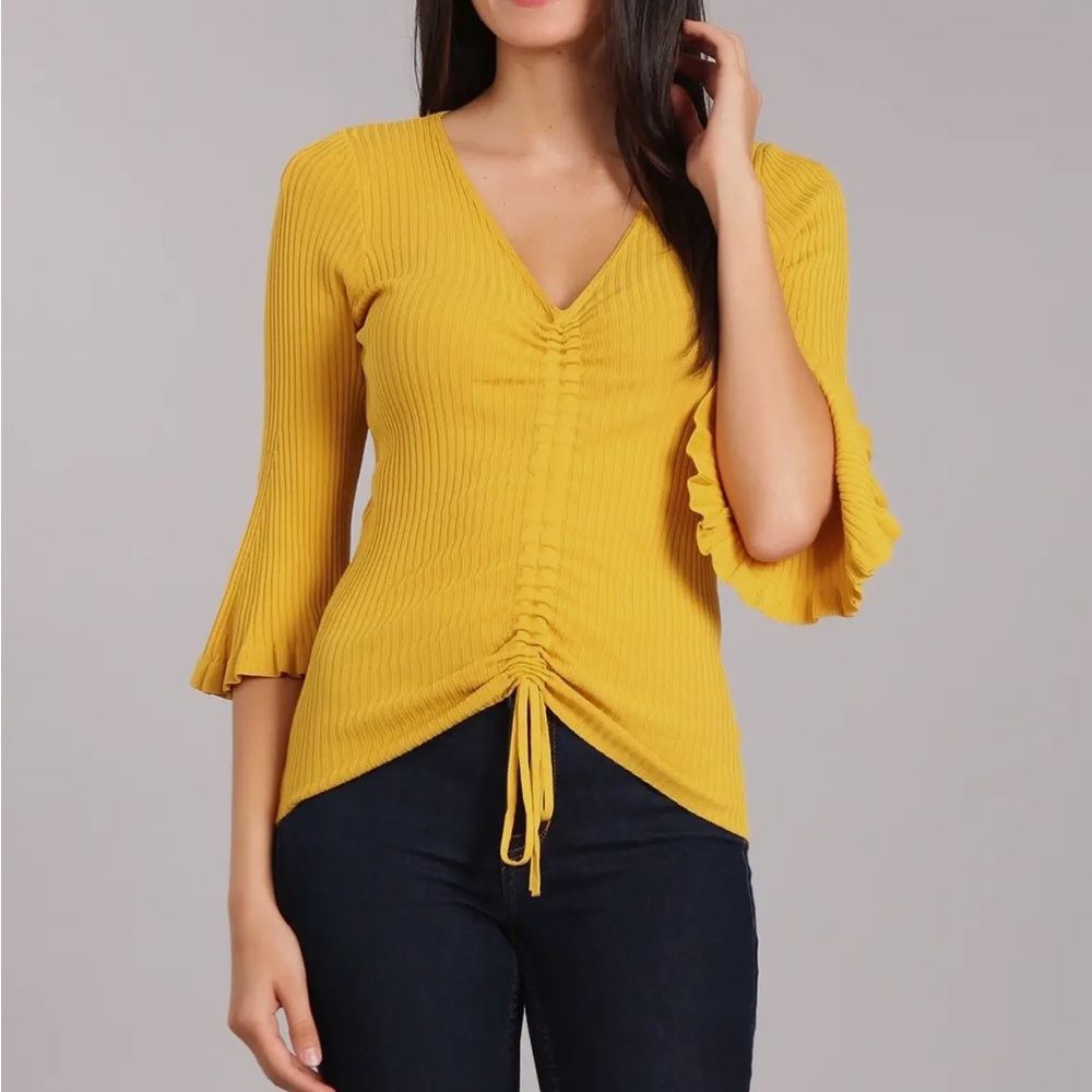 Sunny Mustard Ruched V-Neck Blouse